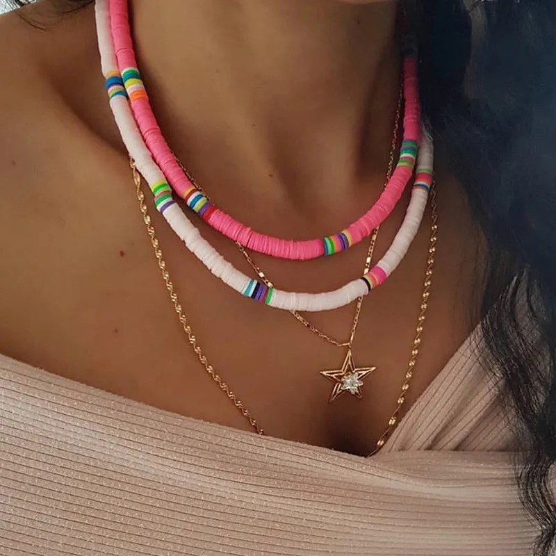 Bohemian Clay Disk Bead Necklace, Boho Bead Choker Beach Unisex Necklace, Surfer Men's Necklace