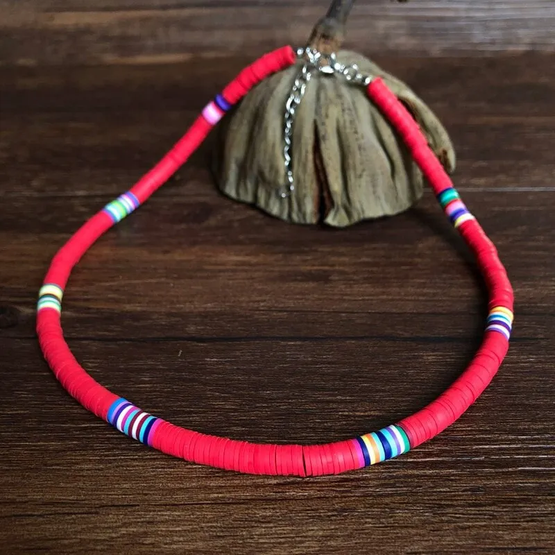Bohemian Clay Disk Bead Necklace, Boho Bead Choker Beach Unisex Necklace, Surfer Men's Necklace
