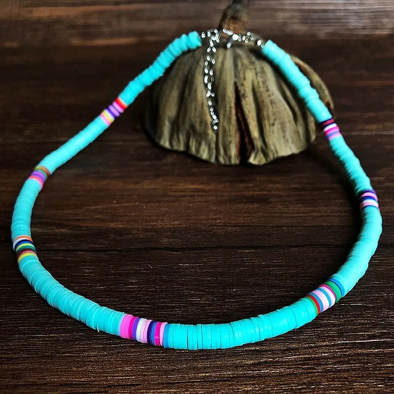 Bohemian Clay Disk Bead Necklace, Boho Bead Choker Beach Unisex Necklace, Surfer Men's Necklace