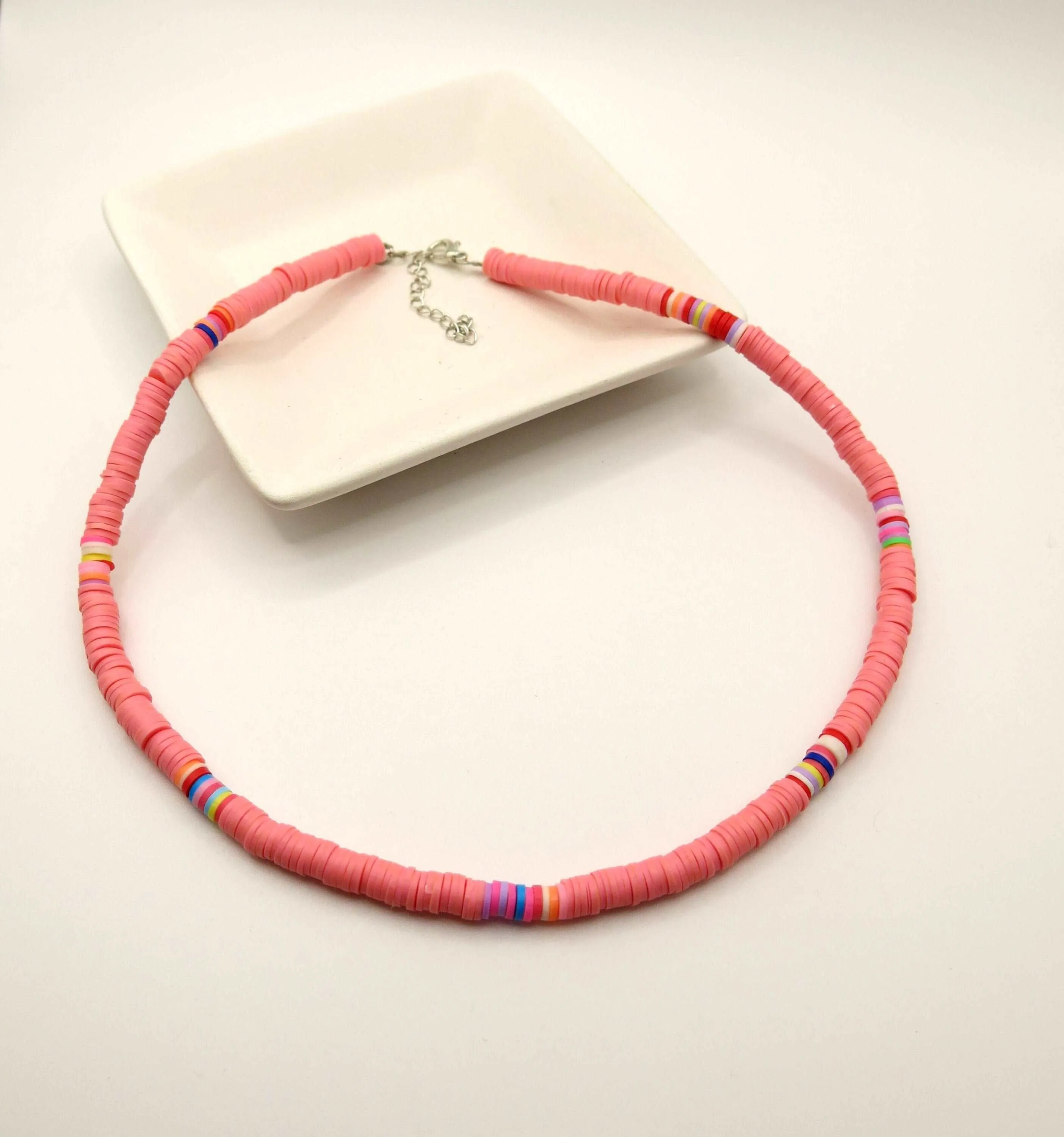 Bohemian Clay Disk Bead Necklace, Boho Bead Choker Beach Unisex Necklace, Surfer Men's Necklace