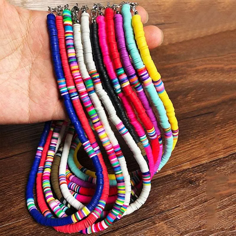 Bohemian Clay Disk Bead Necklace, Boho Bead Choker Beach Unisex Necklace, Surfer Men's Necklace