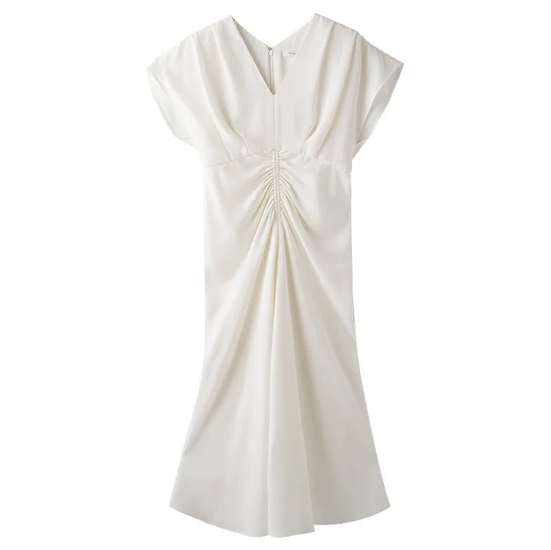 Breathable Acetate Black & White Short Sleeve V-Neck Dress