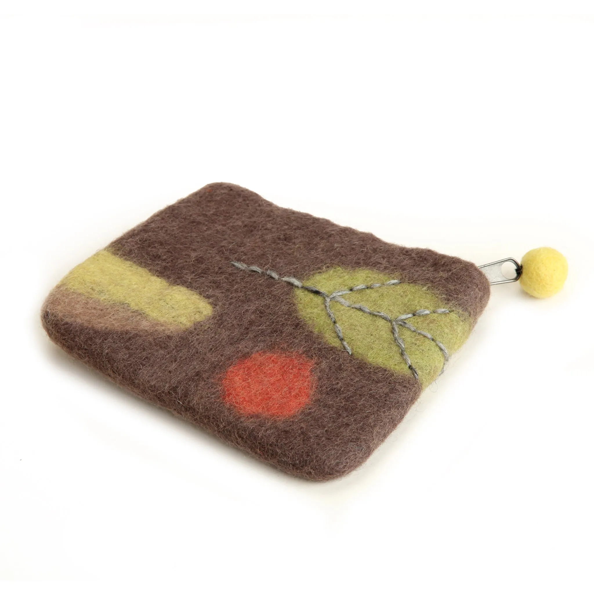Brown Felt Pouch with Bird and Leaf Design