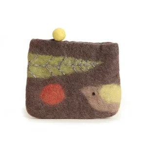 Brown Felt Pouch with Bird and Leaf Design