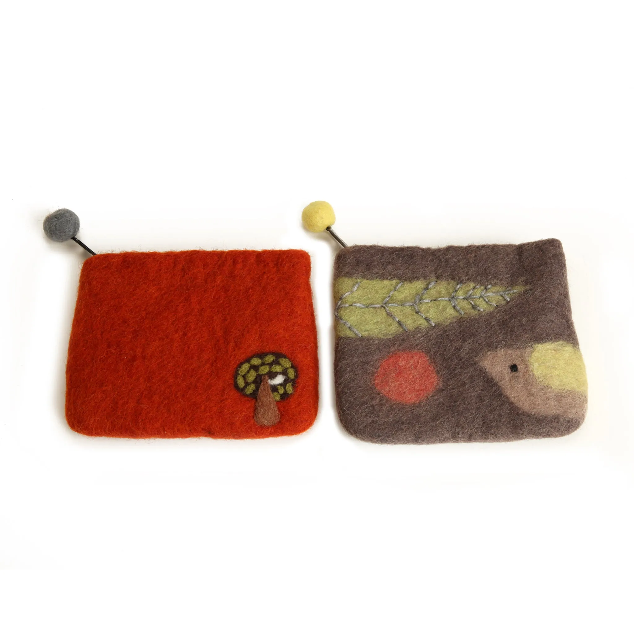 Brown Felt Pouch with Bird and Leaf Design