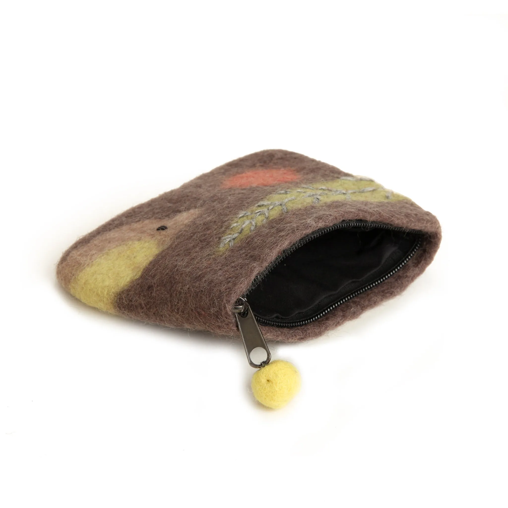 Brown Felt Pouch with Bird and Leaf Design