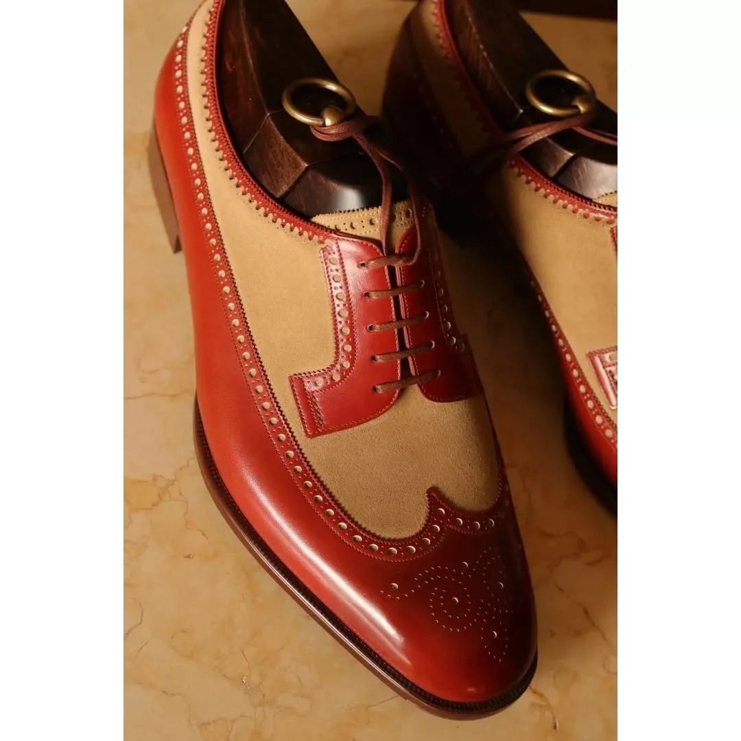 Brown Leather and Suede Cedara Brogue Wingtip Oxfords - Formal Shoes