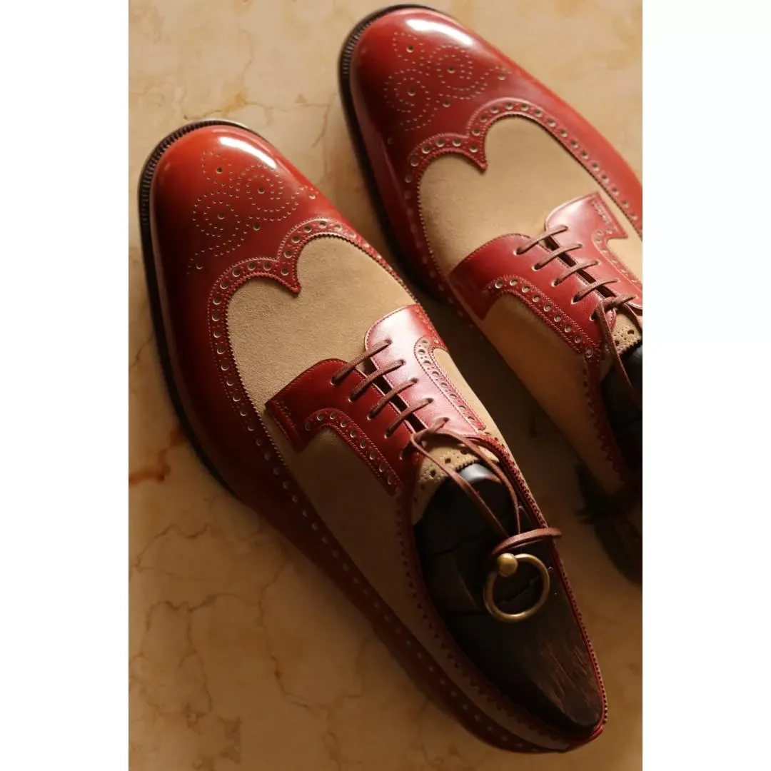 Brown Leather and Suede Cedara Brogue Wingtip Oxfords - Formal Shoes