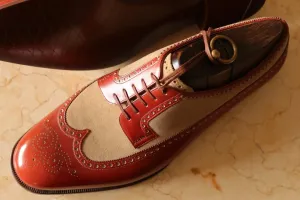 Brown Leather and Suede Cedara Brogue Wingtip Oxfords - Formal Shoes