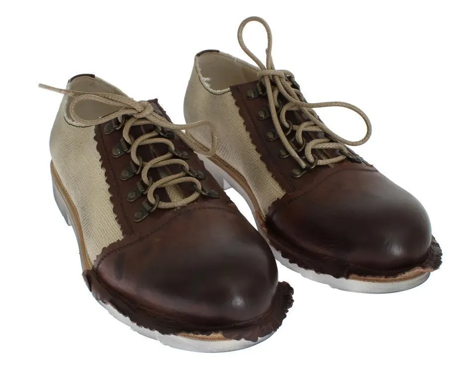 Brown Leather Beige Linen Derby Shoes