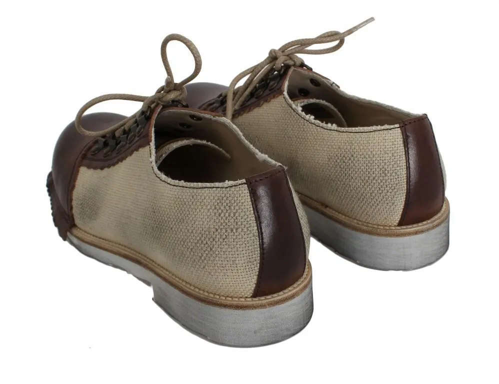 Brown Leather Beige Linen Derby Shoes