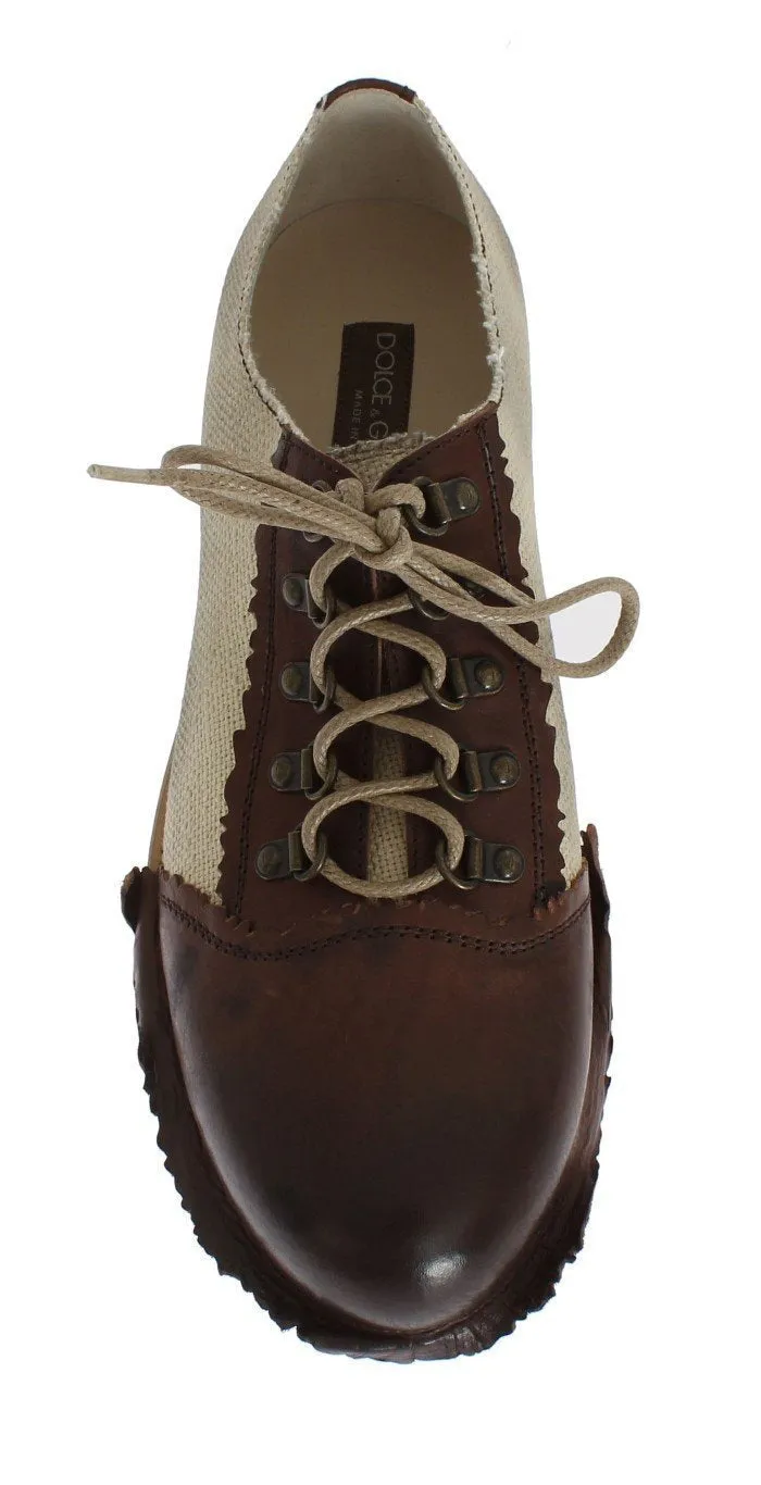 Brown Leather Beige Linen Derby Shoes