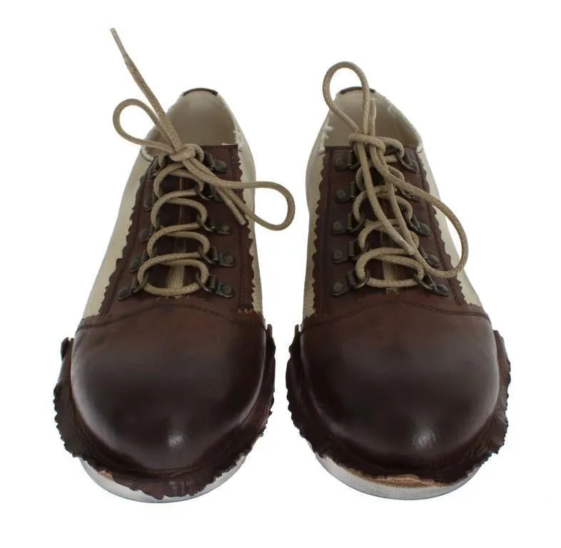 Brown Leather Beige Linen Derby Shoes