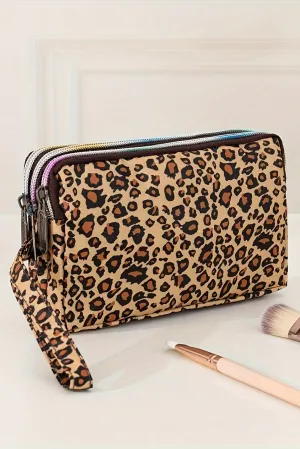 Brown Leopard Print PU Leather Wristlet Zipper Makeup Bag
