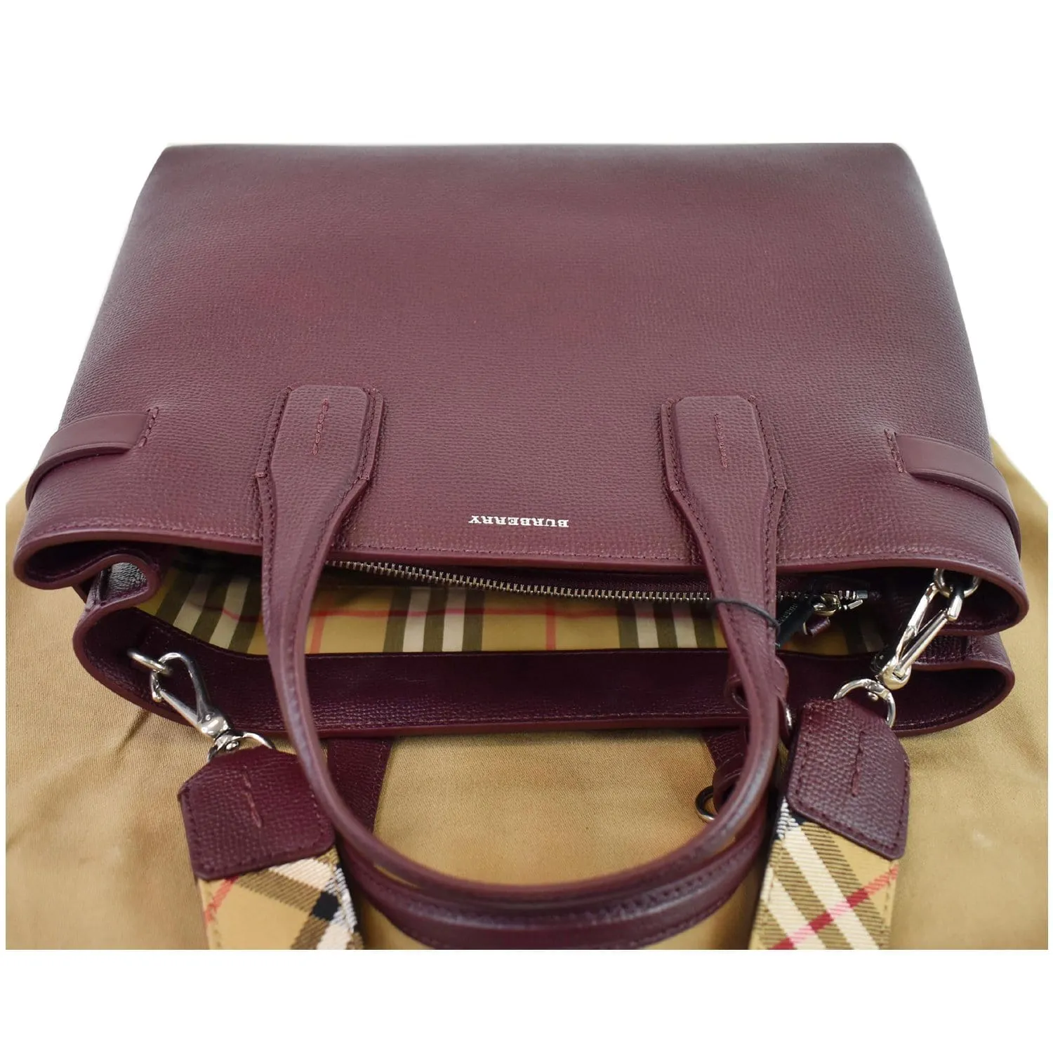 BURBERRY Medium Banner Derby Leather Tote Shoulder Bag Red