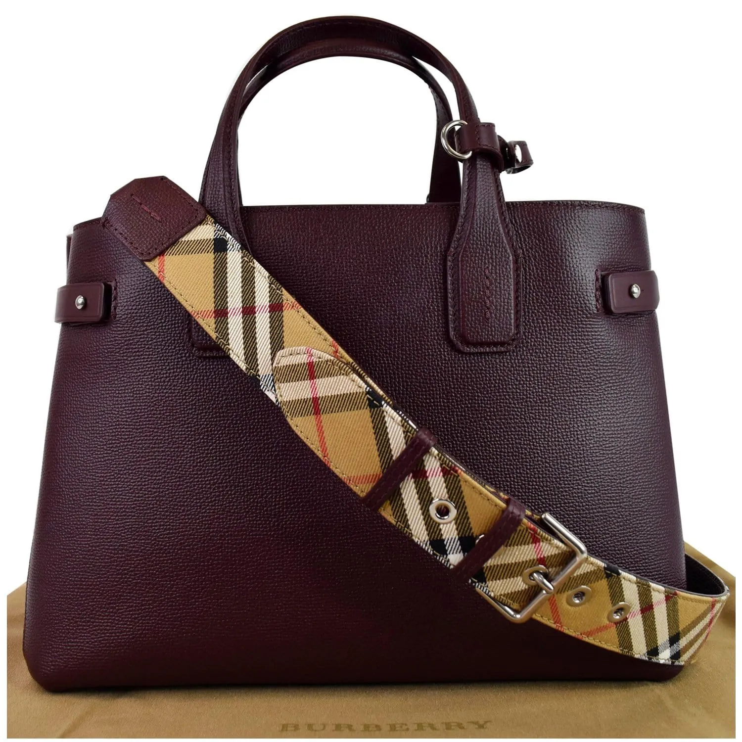 BURBERRY Medium Banner Derby Leather Tote Shoulder Bag Red