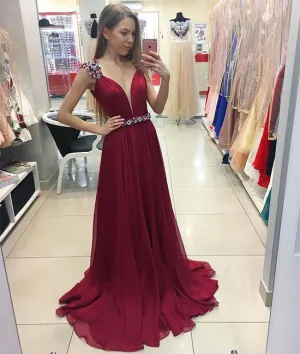Burgundy chiffon long prom dress, burgundy evening dresses