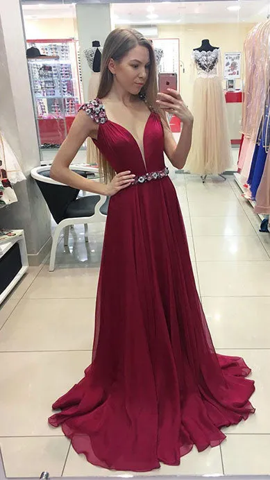 Burgundy chiffon long prom dress, burgundy evening dresses