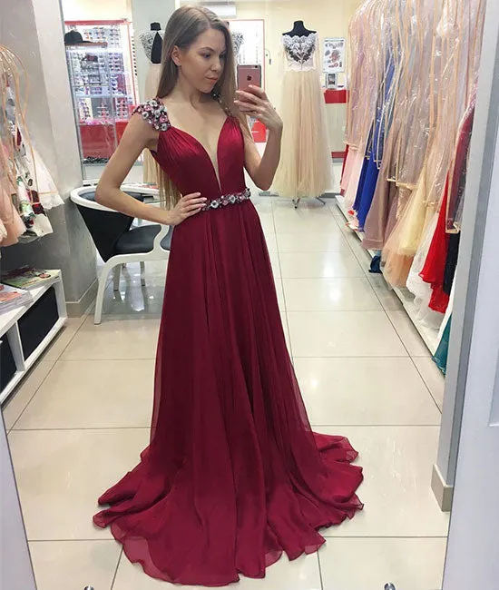 Burgundy chiffon long prom dress, burgundy evening dresses