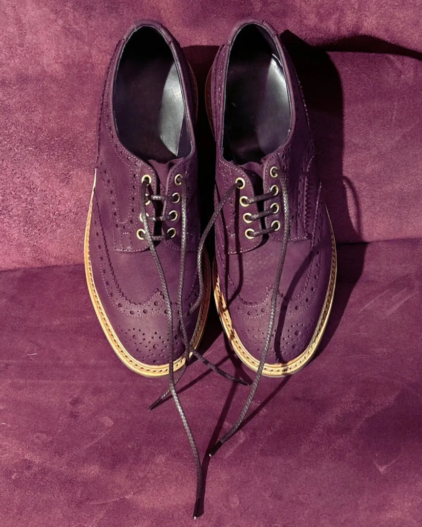 Burgundy Italian Nubuck Leather Brogue Wingtip Round Toe Goodyear Welted Oxfords - Formal Shoes