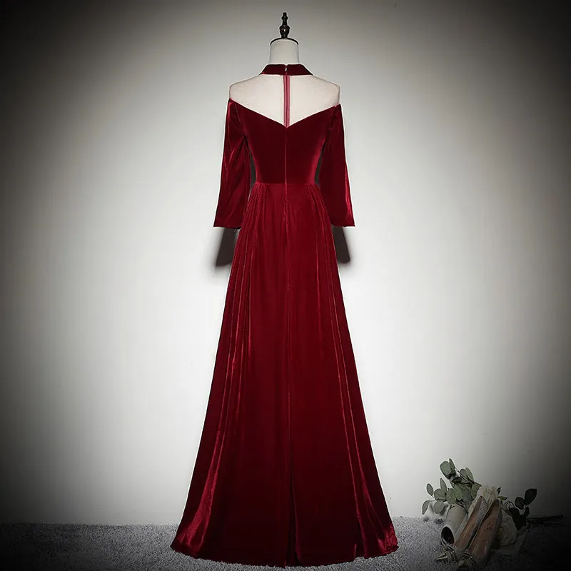 Burgundy Long Sleeves Round Neckline Party Dress, A-line Floor Length Prom Dresses