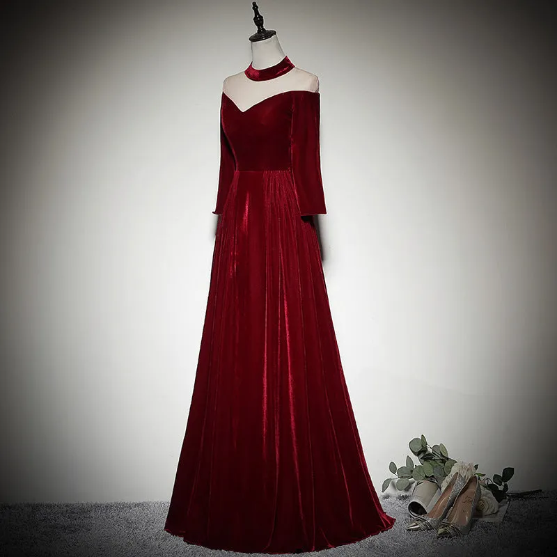 Burgundy Long Sleeves Round Neckline Party Dress, A-line Floor Length Prom Dresses