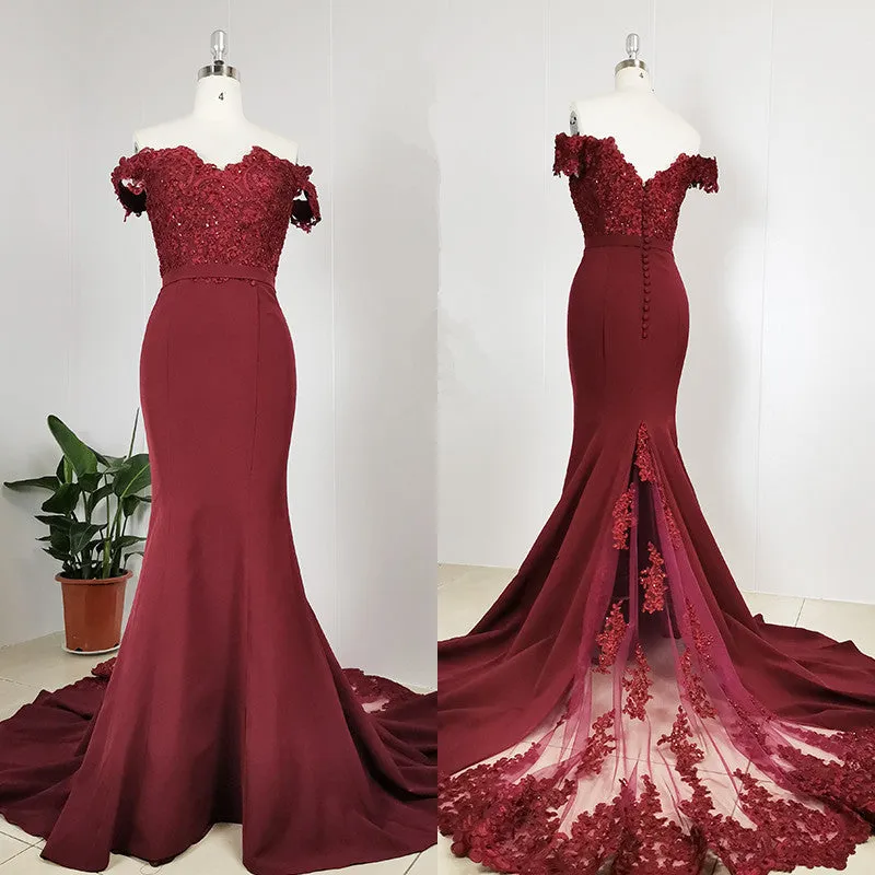 Burgundy Off Shoulder Handmade Mermaid Bridesmaid Dress, Long Prom Dress Evening Dress