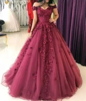 Burgundy off shoulder tulle lace applique long prom dresses