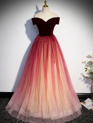 Burgundy off shoulder tulle long prom dress burgundy formal dress
