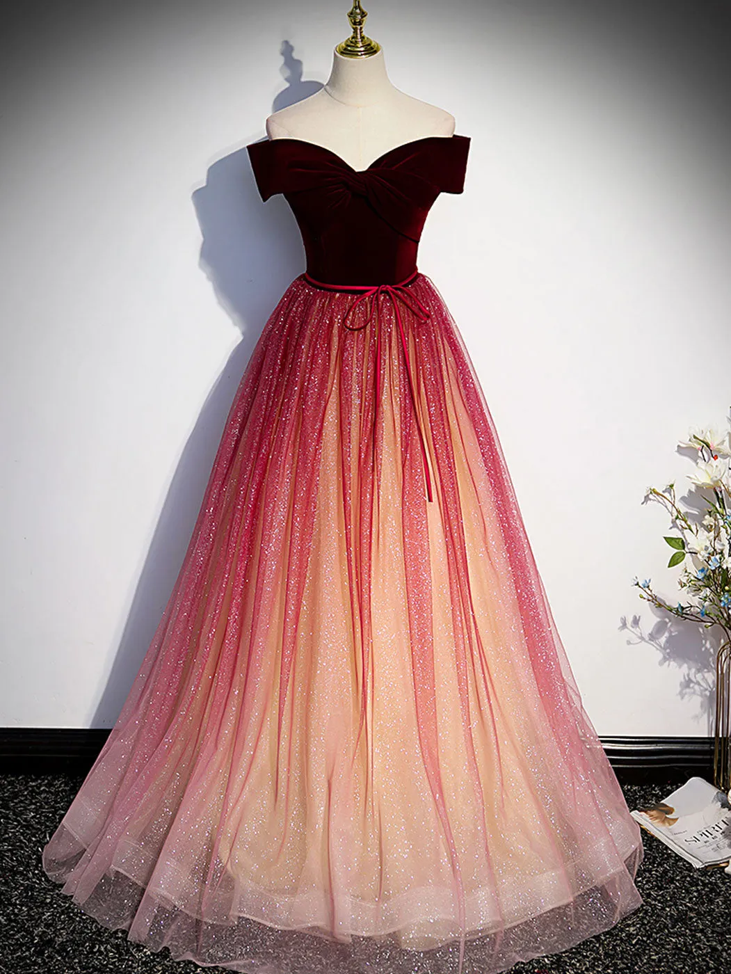 Burgundy off shoulder tulle long prom dress burgundy formal dress
