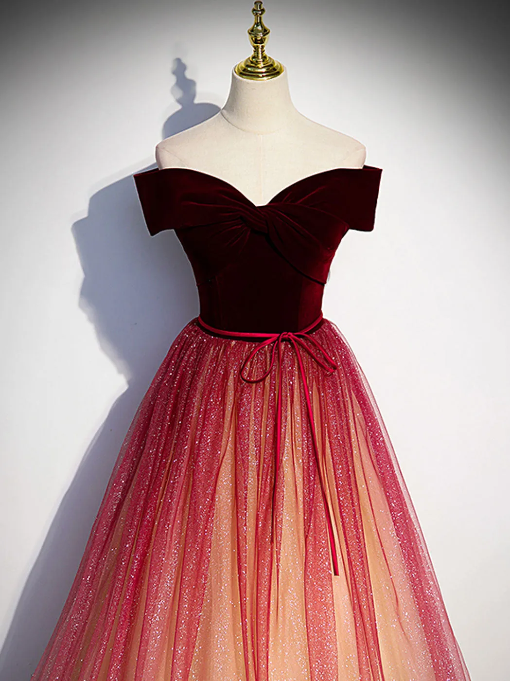 Burgundy off shoulder tulle long prom dress burgundy formal dress
