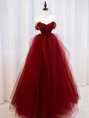 Burgundy sweetheart neck tulle long prom dress burgundy formal dress