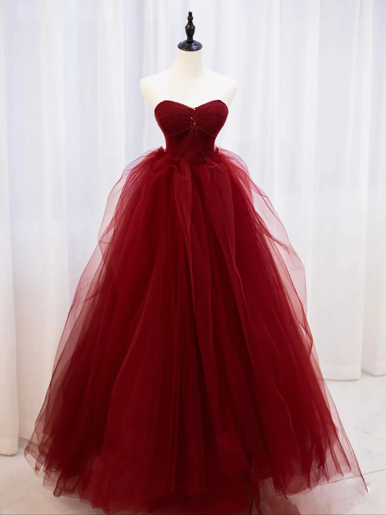 Burgundy sweetheart neck tulle long prom dress burgundy formal dress