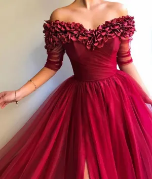 Burgundy sweetheart neck tulle long prom dress, burgundy tulle evening dress