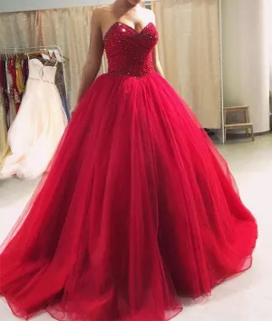 Burgundy sweetheart neck tulle sequin long prom dress, tulle evening dress