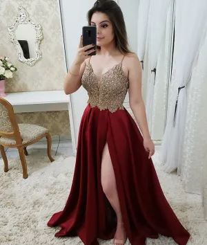 Burgundy v neck lace long prom dress, burgundy bridesmaid dress