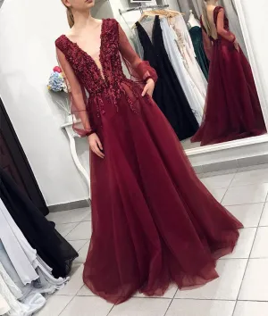 Burgundy v neck lace tulle long prom dress, burgundy evening dress