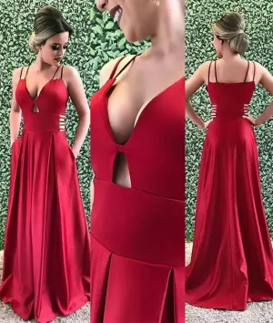 Burgundy v neck satin long prom dress, burgundy evening dress