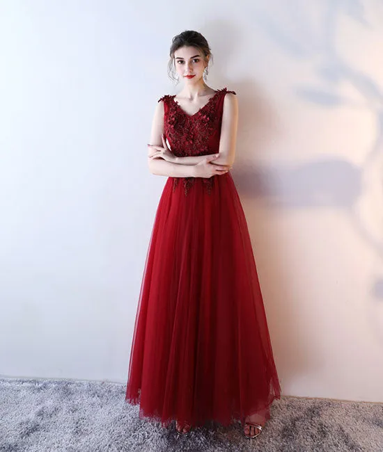 Burgundy v neck tulle lace applique long prom dress, burgundy evening dress