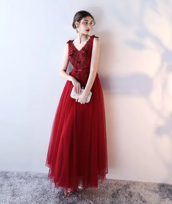 Burgundy v neck tulle lace applique long prom dress, burgundy evening dress