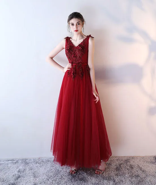 Burgundy v neck tulle lace applique long prom dress, burgundy evening dress