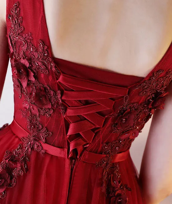Burgundy v neck tulle lace applique long prom dress, burgundy evening dress
