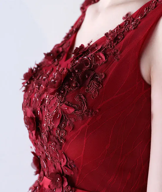 Burgundy v neck tulle lace applique long prom dress, burgundy evening dress