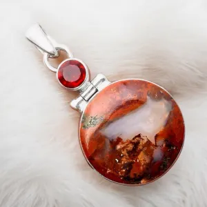 Cady Mountain Agate & Garnet Solid 925 Sterling Silver Pendant