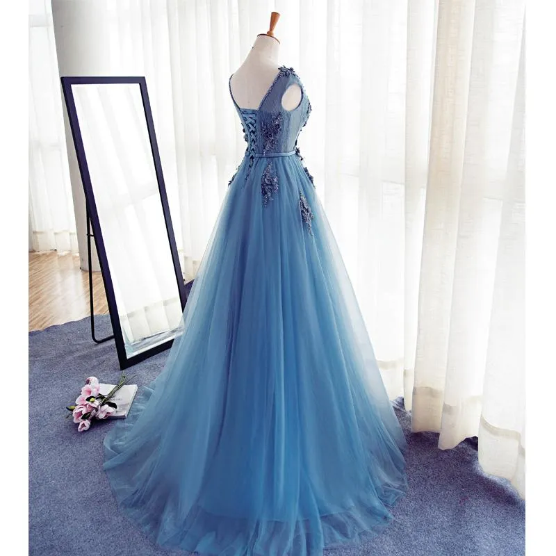Cap Sleeve Blue Lace Beaded Evening A Line Prom Dresses, Long Sexy Party Prom Dress, Custom Long Prom Dresses, Cheap Formal Prom Dresses