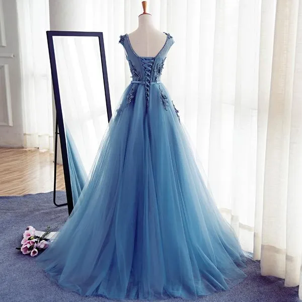 Cap Sleeve Blue Lace Beaded Evening A Line Prom Dresses, Long Sexy Party Prom Dress, Custom Long Prom Dresses, Cheap Formal Prom Dresses