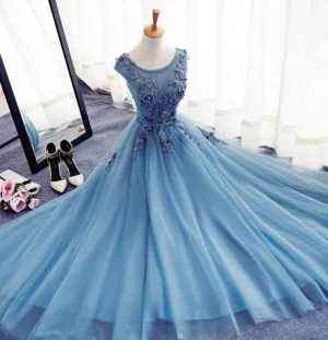 Cap Sleeve Blue Lace Beaded Evening A Line Prom Dresses, Long Sexy Party Prom Dress, Custom Long Prom Dresses, Cheap Formal Prom Dresses