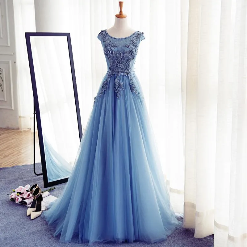 Cap Sleeve Blue Lace Beaded Evening A Line Prom Dresses, Long Sexy Party Prom Dress, Custom Long Prom Dresses, Cheap Formal Prom Dresses
