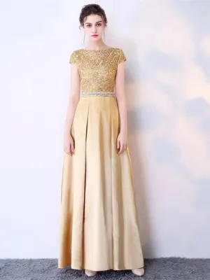 Cap Sleeves Appliques Crystal Sashes Evening Dress