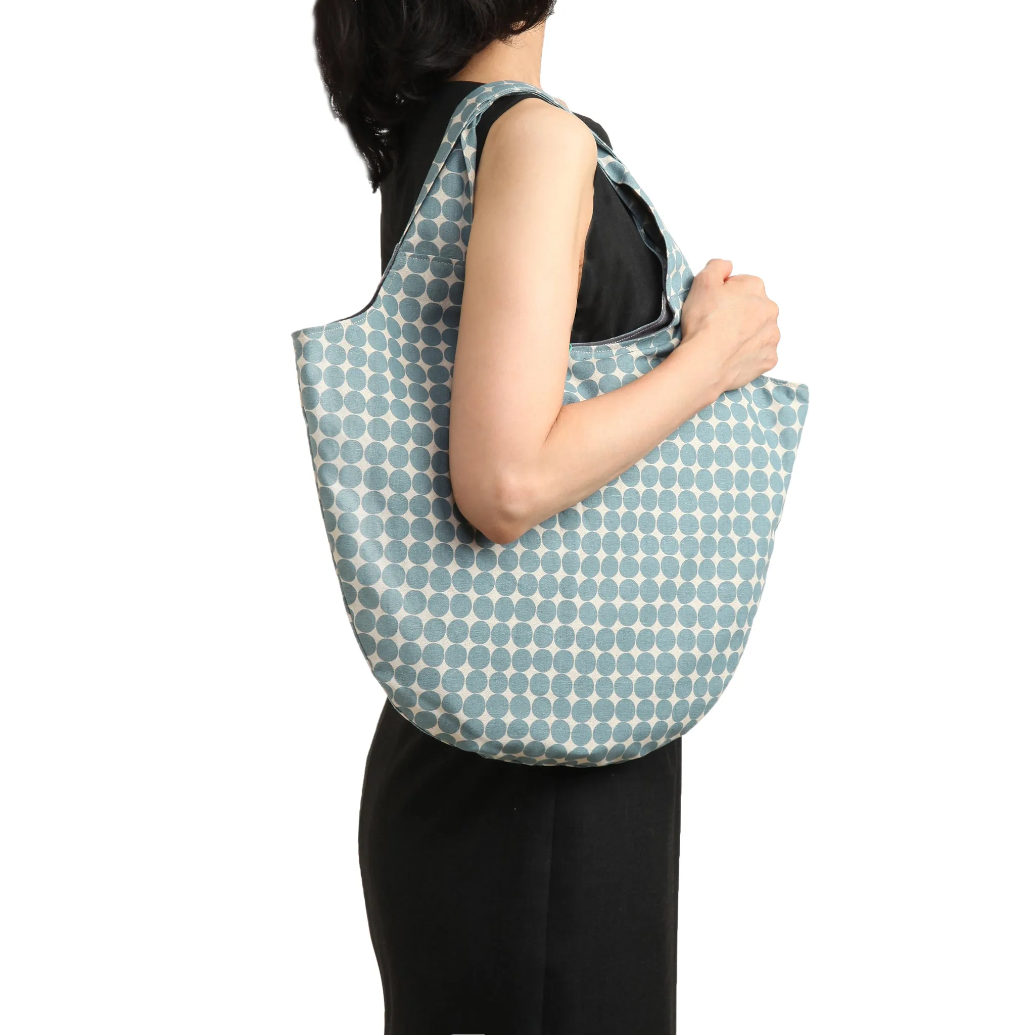 Casual Blue Dotted Handmade Cotton Bag with Pouch